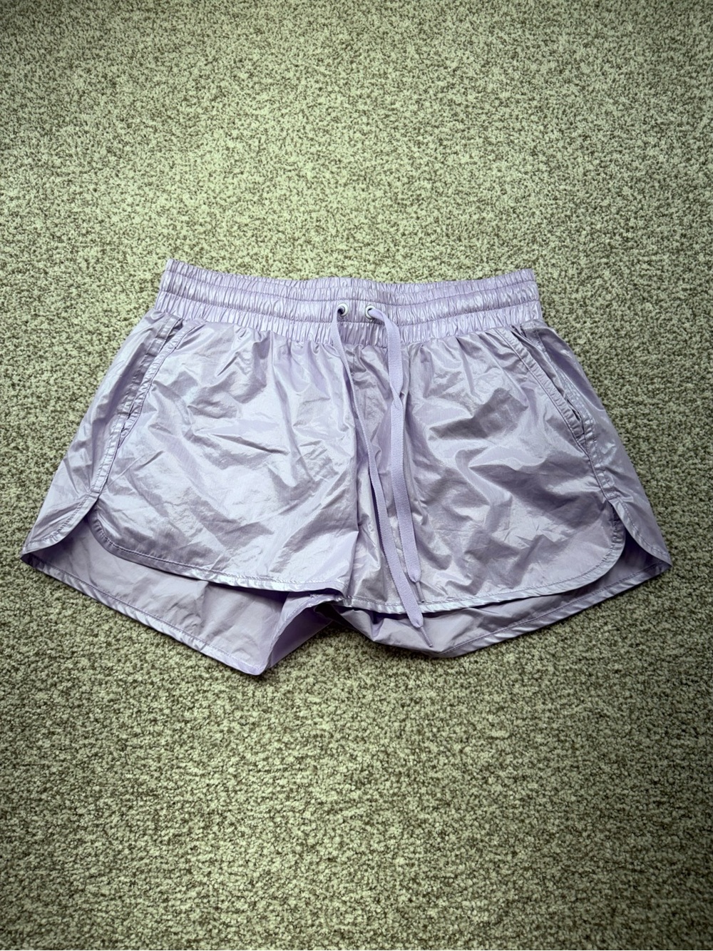 Women's Zyia High-Rise Active Bomber Shorts Drawstring Lilac Shine Pockets Szโ M